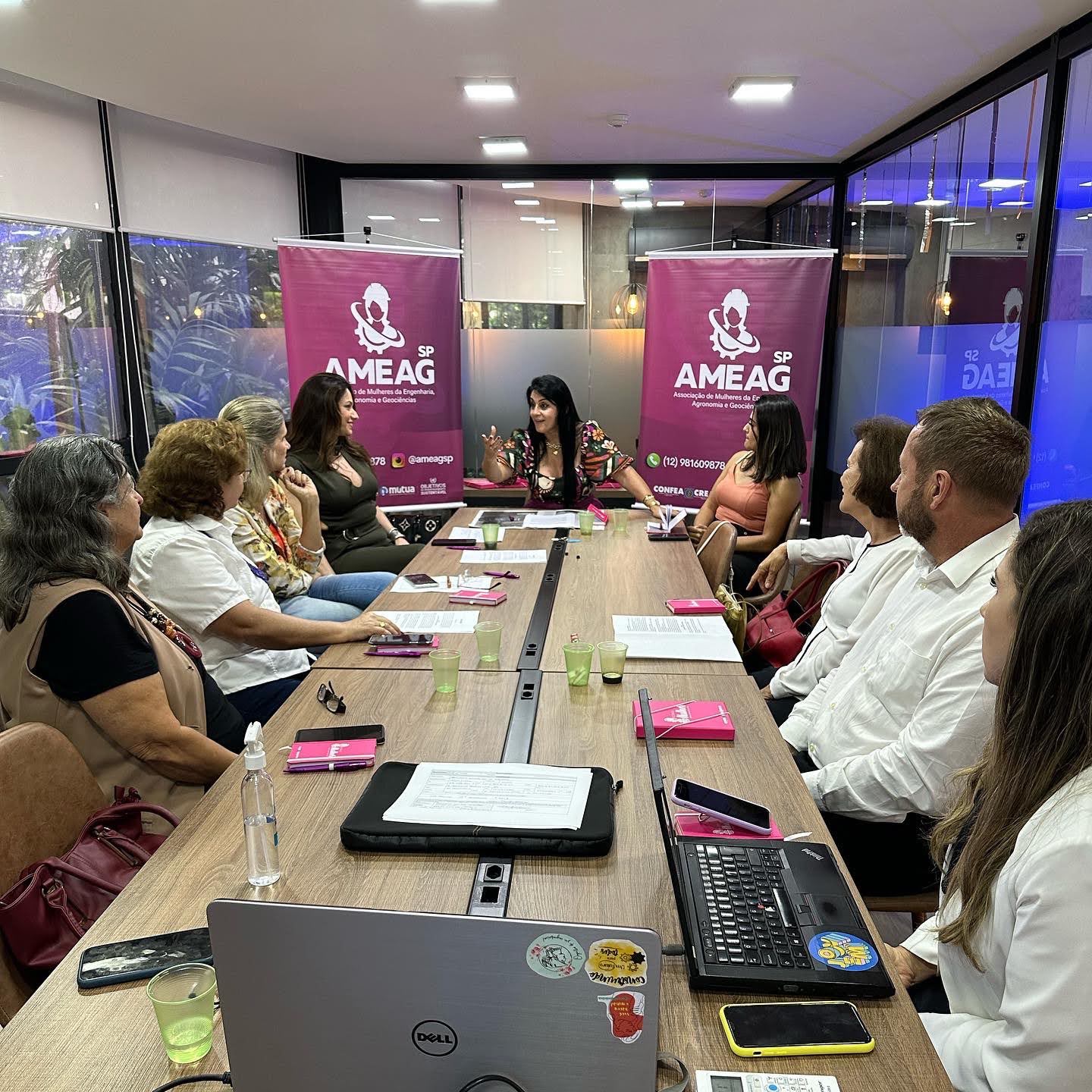 Reunião de diretoria da AMEAG SP em sala com banners da entidade